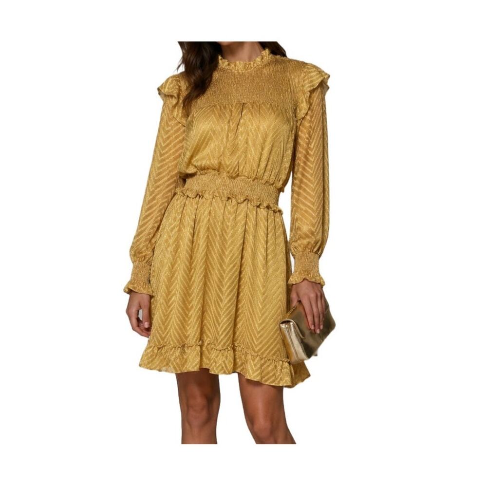 Walter Baker Mercy Ruffle Dress Gold Mustard Chevron Smocked Mock Neck Size M